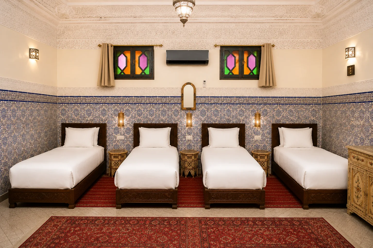 Jannat room: wide angle view showing the intricately carved stucco ceiling, oriental lamp, carved cabinet with mirror and the stained-glass door to the patio