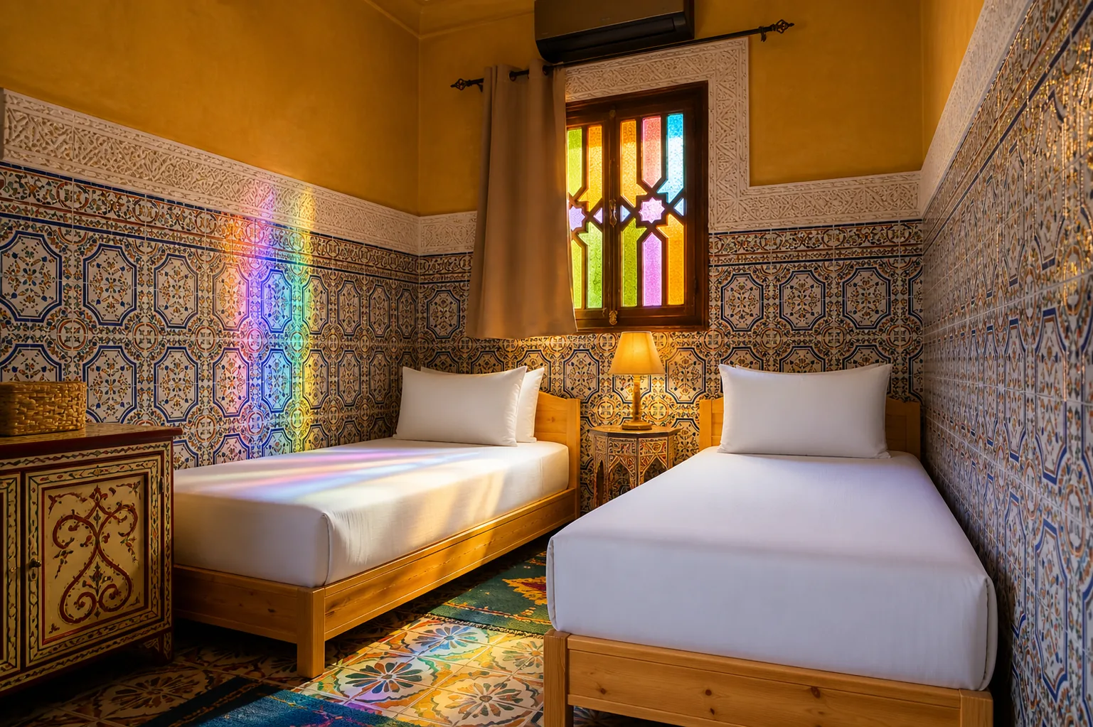 Sabah room at Riad Tasneem with two single beds, ochre walls, zellige-tiled lower walls and a stained-glass window casting coloured light onto the wall and bed
