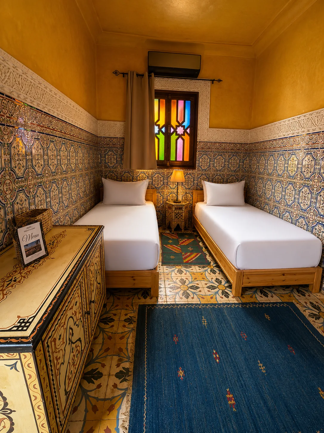 Sabah room from the doorway: two single beds, central stained-glass window, carved wooden cabinet in the foreground with menu card