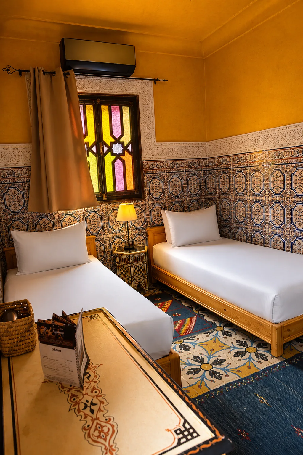 Sabah: twin room at Riad Tasneem with two single beds, ochre walls, central stained-glass window and Berber rug, on the first floor
