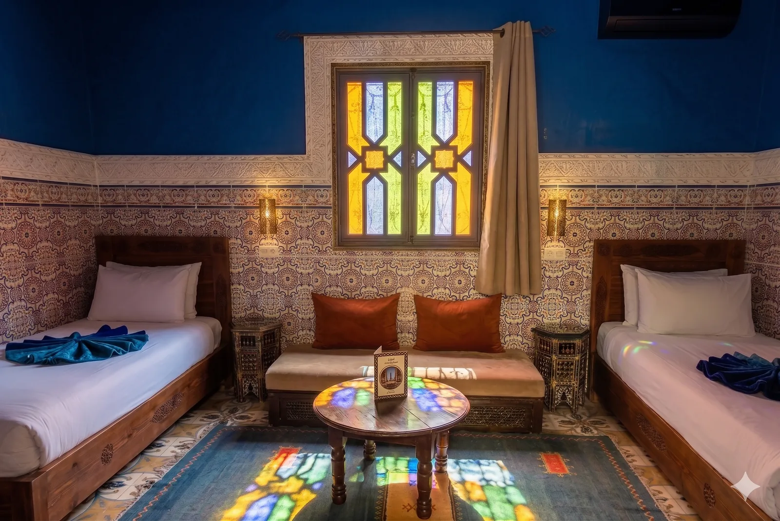 Safaa: twin room at Riad Tasneem with two single beds, a central stained-glass window casting colour onto a Berber rug, deep blue tadelakt ceiling, on the first floor