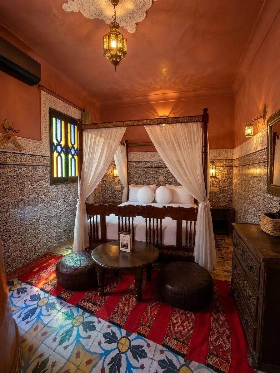 Shahrazad room: wide angle view showing the intricately carved stucco ceiling, oriental lamp, carved cabinet with mirror and the stained-glass door to the patio