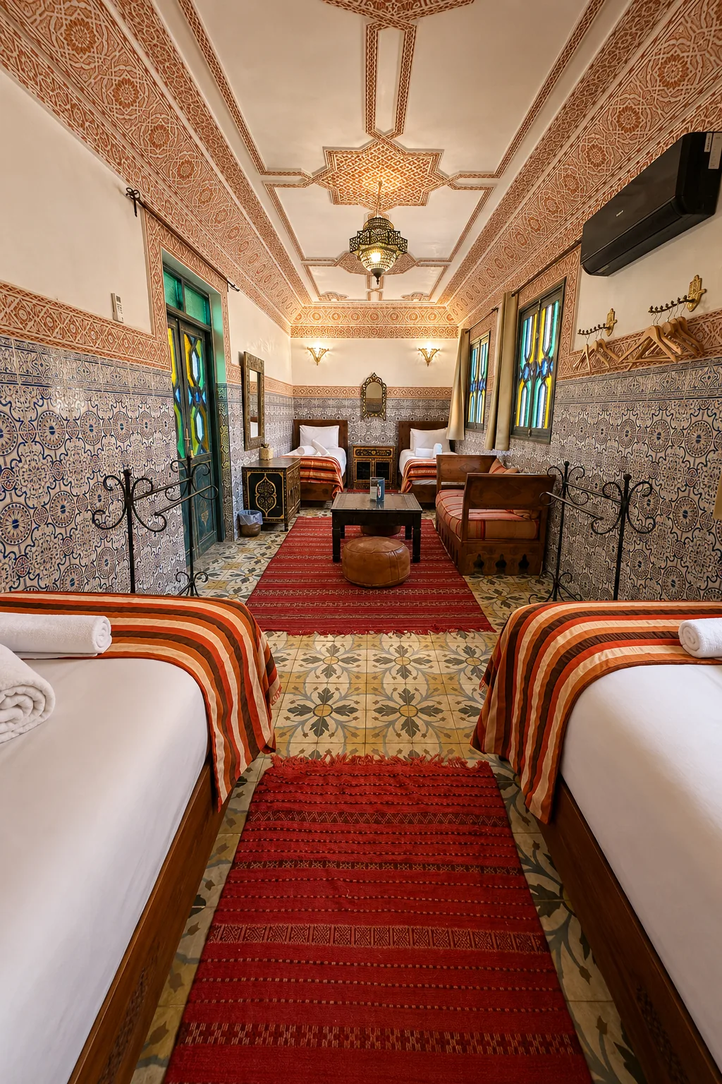 Zahra family room at Riad Tasneem with four single beds on the first floor