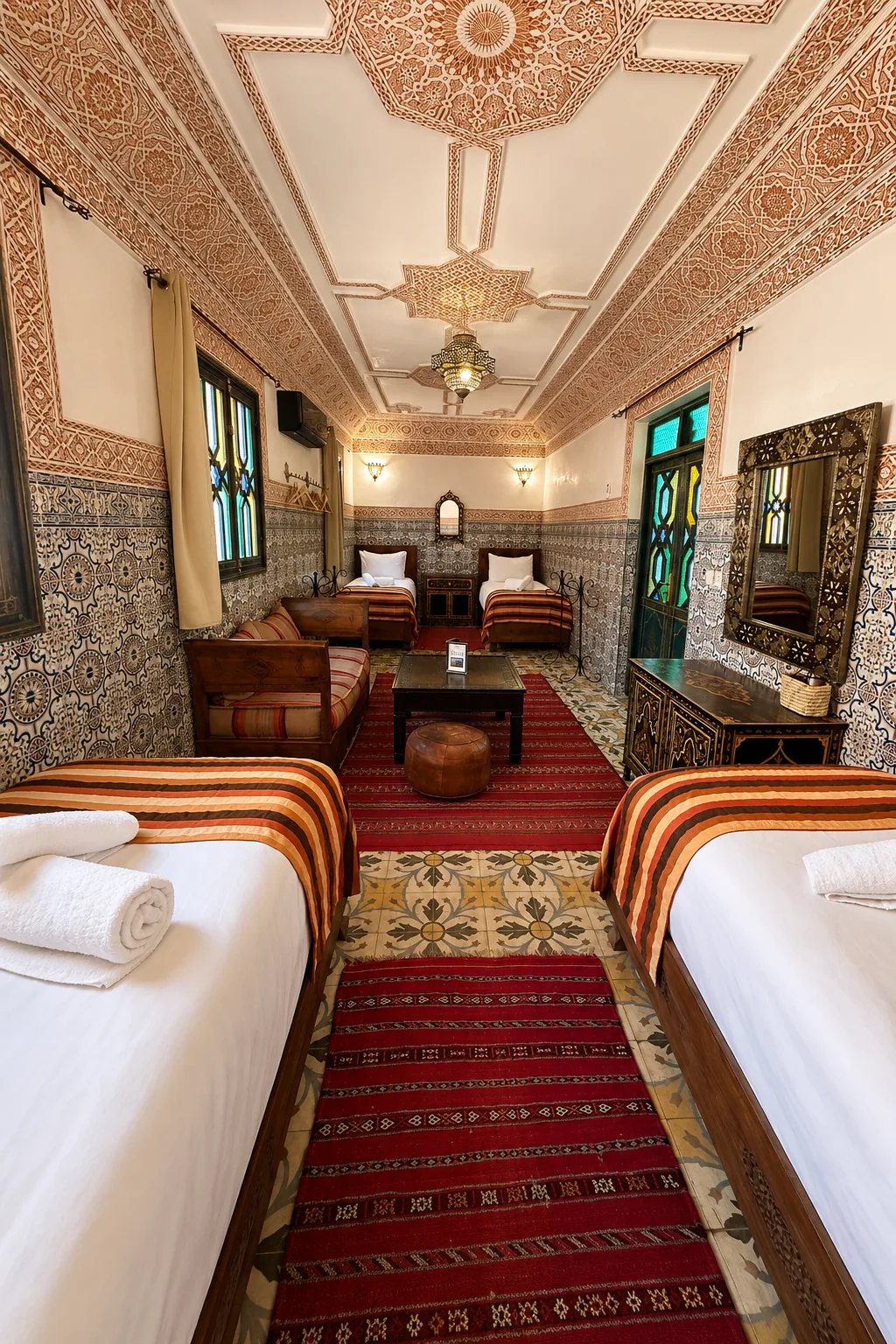 Zahra room: wide angle view showing the intricately carved stucco ceiling, oriental lamp, carved cabinet with mirror and the stained-glass door to the patio